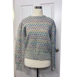 Vintage Gray Sweater with Rainbow Hearts and Puffy Sleeves